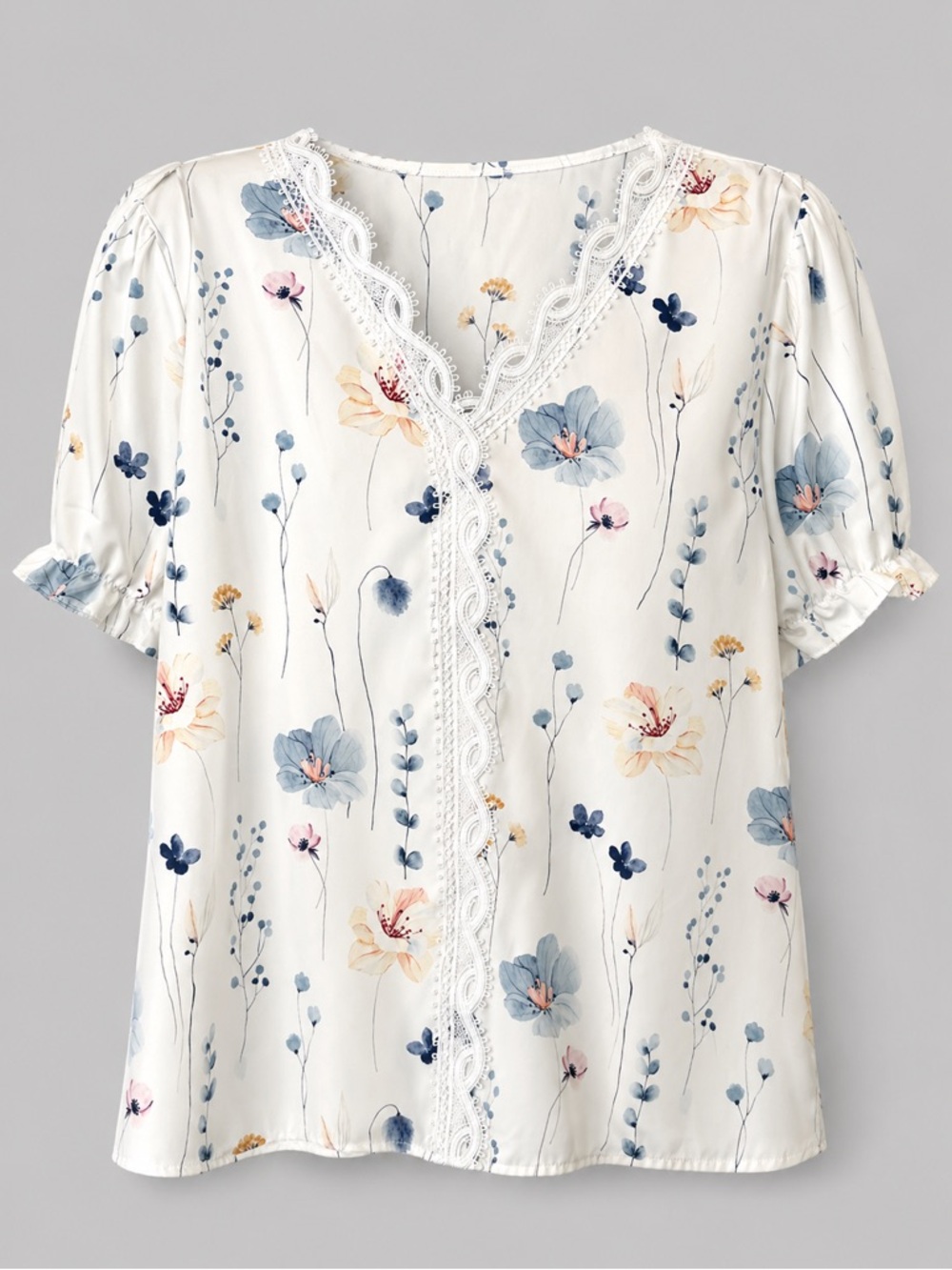 White Blouse floral blue peach short puff sleeves size XL